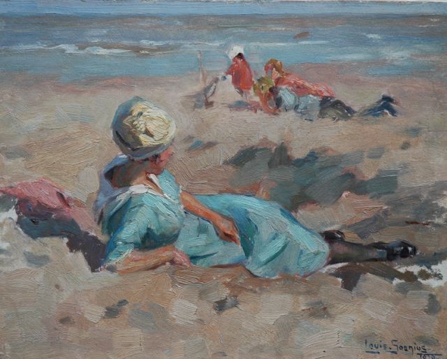 Louis Soonius | Zomerdag op het strand, olieverf op board, 26,4 x 33,5 cm, gesigneerd r.o. en gedateerd 1920