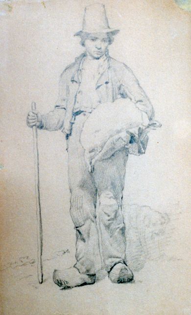 Barend Cornelis Koekkoek | Potloodtekening van een jonge boerenknecht, potlood op papier, 23,0 x 13,8 cm