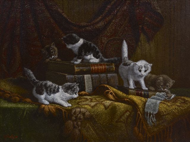 Cornelis Raaphorst | Katjes, spelend rond kostbare boeken, olieverf op doek, 60,2 x 80,0 cm, gesigneerd l.o.