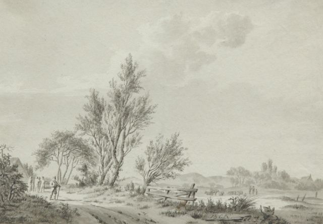 Barend Cornelis Koekkoek | Zomers landschap met reizigers en veehoeders, pen en gewassen inkt op papier, 14,0 x 19,9 cm, gesigneerd r.v.h.m.
