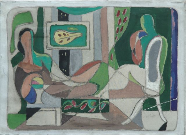 Voskuyl J.  | Interieur met twee figuren, gouache op doek 34,2 x 47,2 cm, gesigneerd verso en gedateerd 1942 verso