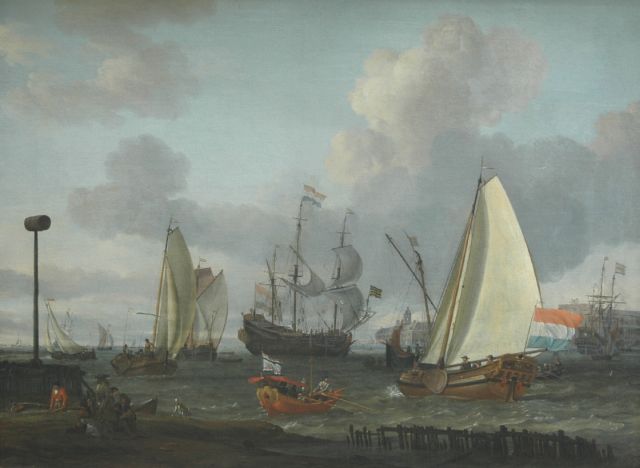 Storck A.  | Schepen in een Hollandse haven, mogelijk Amsterdam, olieverf op doek 70,2 x 94,0 cm, gesigneerd l.o.