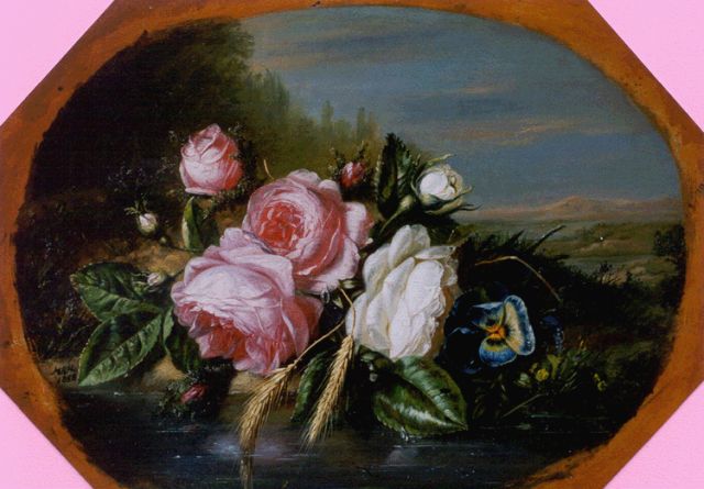 Hélène Hamburger | Boeket rozen aan de waterkant, olieverf op paneel, 29,4 x 40,0 cm, gesigneerd met initialen l.m. en gedateerd 1858