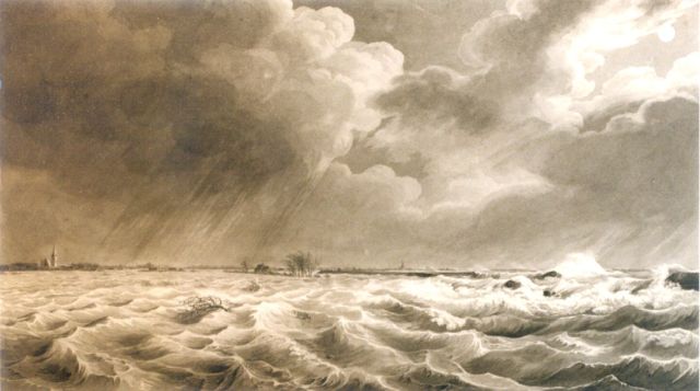 Johannes Hermanus Koekkoek | Dijkdoorbraak tijdens de Zeeuwse overstroming op 14 en 15 januari 1808, pen en gewassen inkt op papier, 22,5 x 38,3 cm