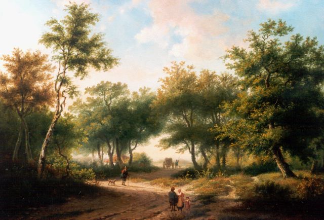 Hendrik Pieter Koekkoek | Figuren op een bospad, olieverf op paneel, 34,7 x 48,7 cm, gesigneerd l.o.