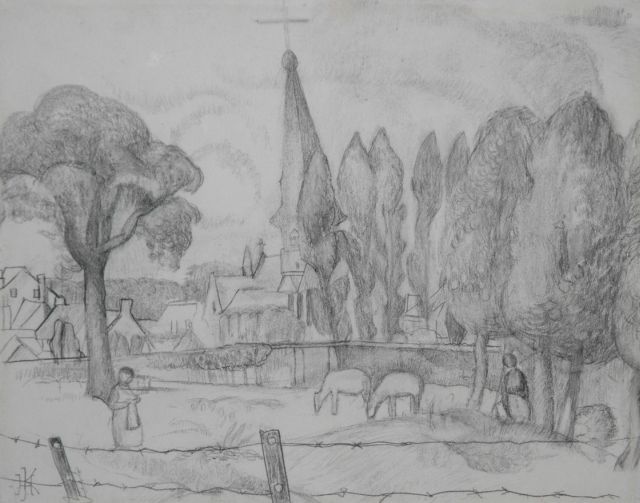 Herman Kruyder | Limburgs landschap met kerktoren, potlood op papier, 26,0 x 32,8 cm, gesigneerd l.o. monogram en te dateren 1923-1927