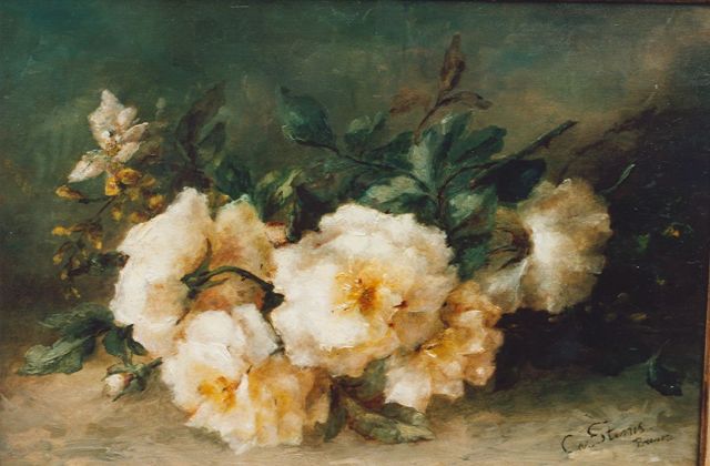 Clara Stenis-Breuer | Stilleven van gele rozen, olieverf op paneel, 35,7 x 53,2 cm, gesigneerd r.o.