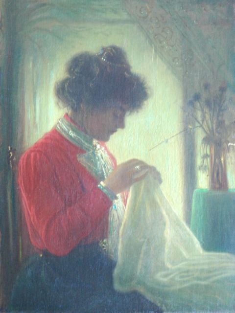 Pothast W.F.A.  | Vrouw met borduurwerk, olieverf op doek 45,0 x 34,3 cm, gesigneerd l.o.