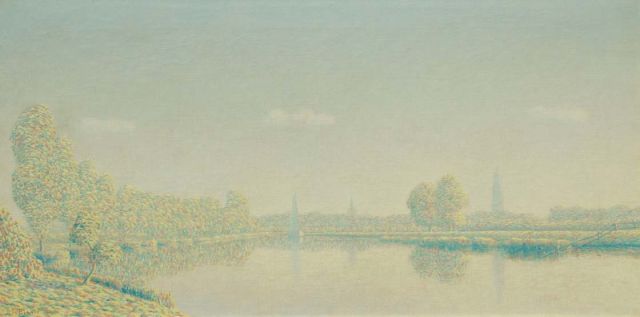 Johan Birnie | Gezicht op de Eem met Amersfoort in het verschiet, olieverf op doek, 37,3 x 71,4 cm, gesigneerd l.o. en gedateerd 1913