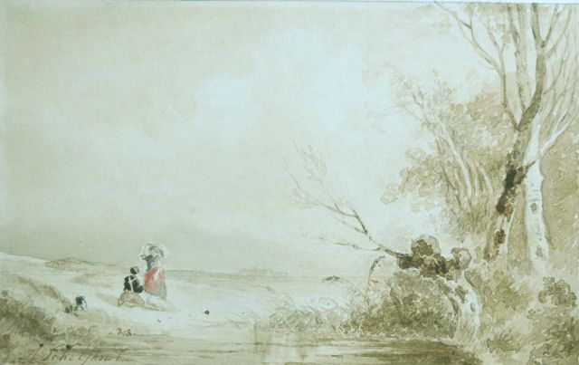 Andreas Schelfhout | Landvolk bij een ven, potlood, sepia en aquarel op papier, 14,0 x 22,2 cm, gesigneerd l.o.