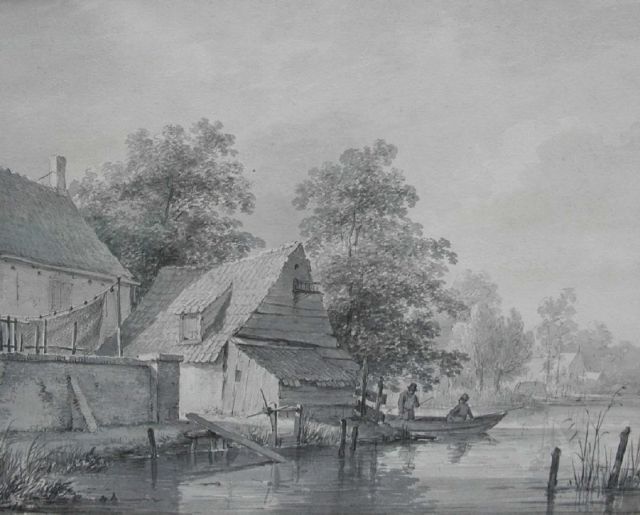 Andreas Schelfhout | Vaartje met vissers, penseel in grijze inkt op papier, 22,0 x 27,0 cm, gesigneerd verso