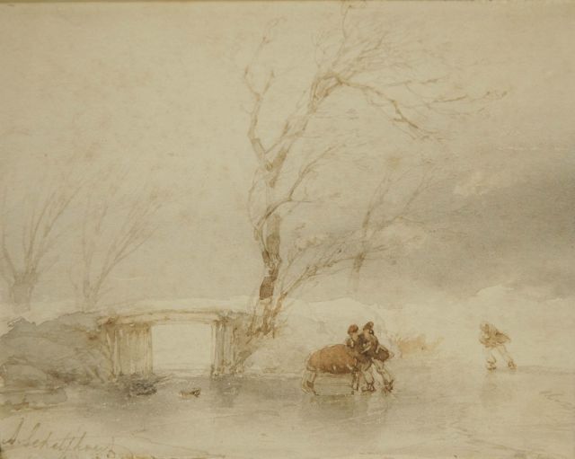 Andreas Schelfhout | Met de duwslede onder het bruggetje door, penseel in grijze inkt en aquarel op papier, 14,5 x 18,5 cm, gesigneerd l.o.
