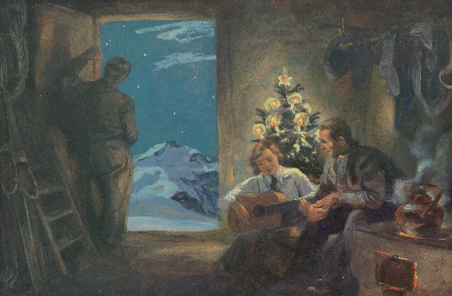 Gustav Traub | Kerstavond hoog in de Alpen, olieverf op papier, 28,2 x 41,7 cm, gesigneerd l.o.