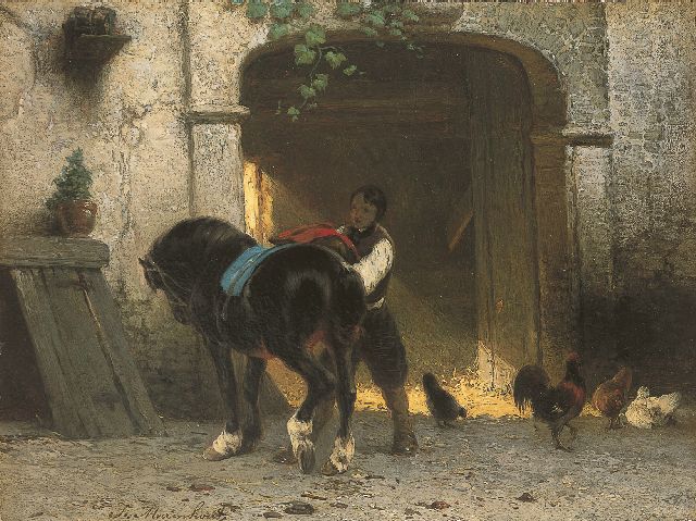Joseph Moerenhout | Opzadelen van het paard, olieverf op paneel, 22,7 x 30,5 cm, gesigneerd l.o.