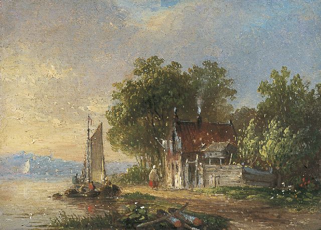 Jacobus van der Stok | Landschap met afgemeerde zeilboot, olieverf op paneel, 8,5 x 11,9 cm