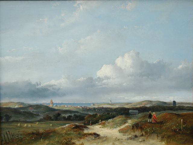 Josephus Gerardus Hans | Panoramisch duinlandschap met zicht op Katwijk aan Zee, olieverf op paneel, 25,1 x 33,5 cm, gesigneerd r.o. en gedateerd '50