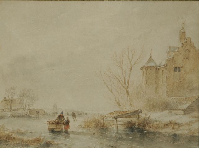 Schelfhout A.  | Winterlandschap met schaatsers en houtsprokkelaar bij een burcht, sepia en aquarel op papier 20,0 x 27,0 cm, gesigneerd l.o.