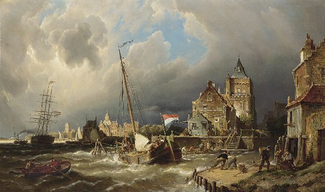 Pieter Cornelis  Dommershuijzen | Beurtschip in de havenmonding van Dordrecht bij opkomende storm, olieverf op doek, 75,3 x 127,0 cm, gesigneerd l.o. en gedateerd 1885