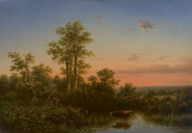 Jacobus Sörensen | Zonsondergang met drinkend vee, olieverf op doek, 69,1 x 99,8 cm, gesigneerd l.o. en gedateerd 1855