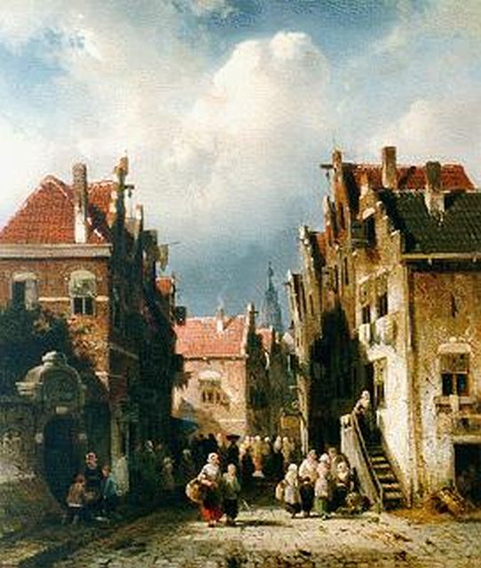 Charles Leickert | Drukbevolkt zomers stadsgezicht, olieverf op paneel, 31,6 x 27,5 cm, gesigneerd l.o. en te dateren ca. 1855
