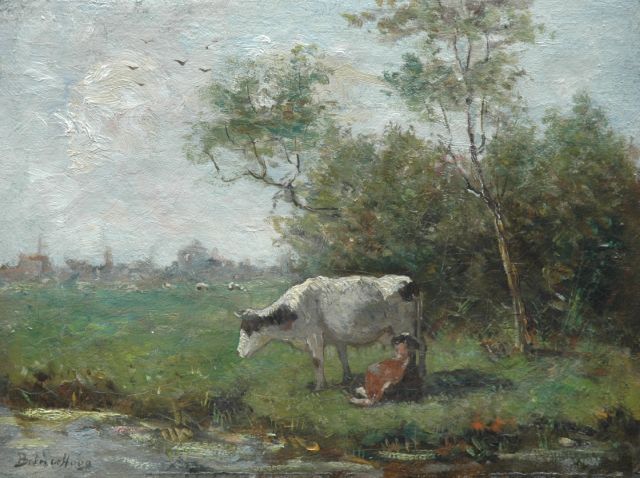 Bernard de Hoog | Koe en kalfje bij een sloot, olieverf op doek, 25,8 x 34,4 cm, gesigneerd l.o.