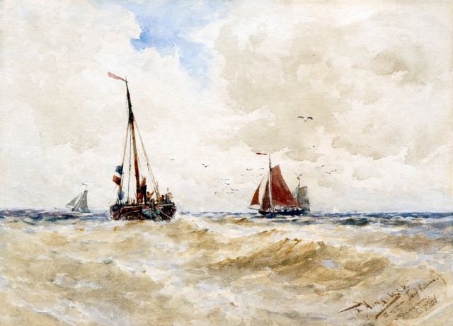 Thomas Bush Hardy | Vissersboten op volle zee, aquarel op papier, 22,5 x 31,2 cm, gesigneerd  r.o. en gedateerd June 5th 1886