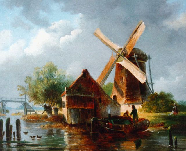 Leickert C.H.J.  | Zomerlandschapje met molen aan rivier, olieverf op doek 21,2 x 26,5 cm