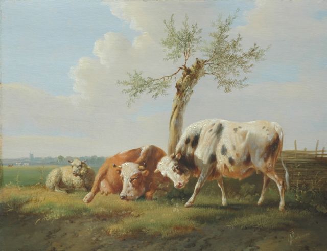 Albertus Verhoesen | Stier, koe en schaap in zomers weidelandschap, olieverf op paneel, 24,5 x 31,9 cm, gesigneerd r.o.