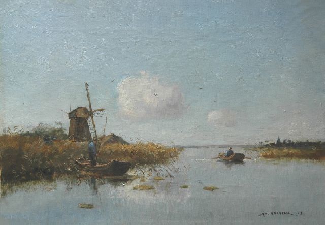 Jan Knikker sr. | Vissers in boten op een polderplas, olieverf op doek, 30,2 x 43,5 cm, gesigneerd r.o.