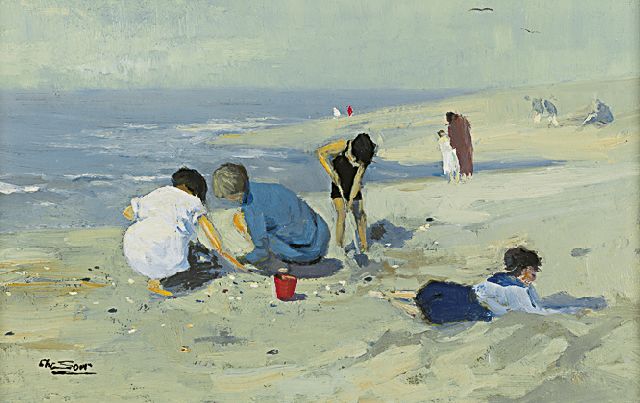 Chris Soer | Zomerpret op het strand, olieverf op doek op paneel, 18,6 x 28,4 cm, gesigneerd l.o.