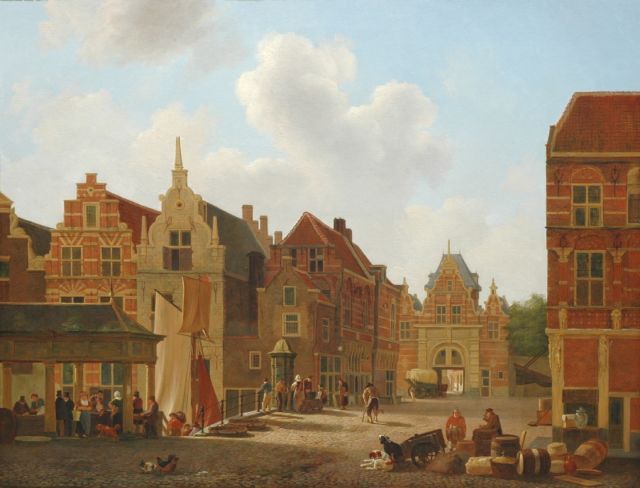 Rutten J.  | Gezicht op de Rietdijkspoort in Dordrecht, olieverf op paneel 56,1 x 73,1 cm, gesigneerd r.o.