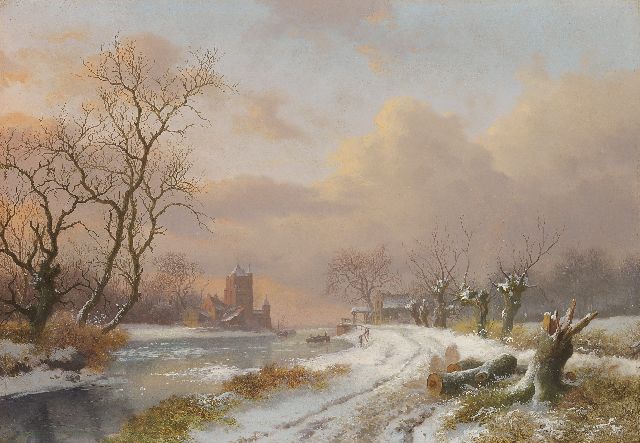 Frederik Marinus Kruseman | Wijde rivierbocht in de winter met de Haarlemse Spaarnwouder Poort, olieverf op paneel, 27,9 x 40,2 cm