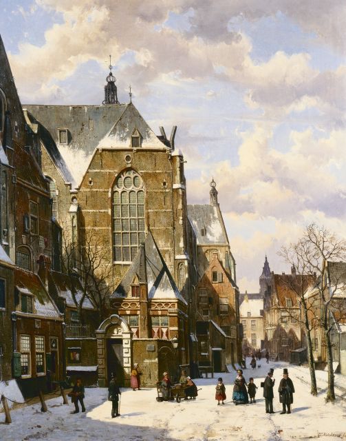 Willem Koekkoek | Besneeuwd kerkplein met figuren, olieverf op doek, 84,0 x 66,0 cm, gesigneerd r.o. en gedateerd '66