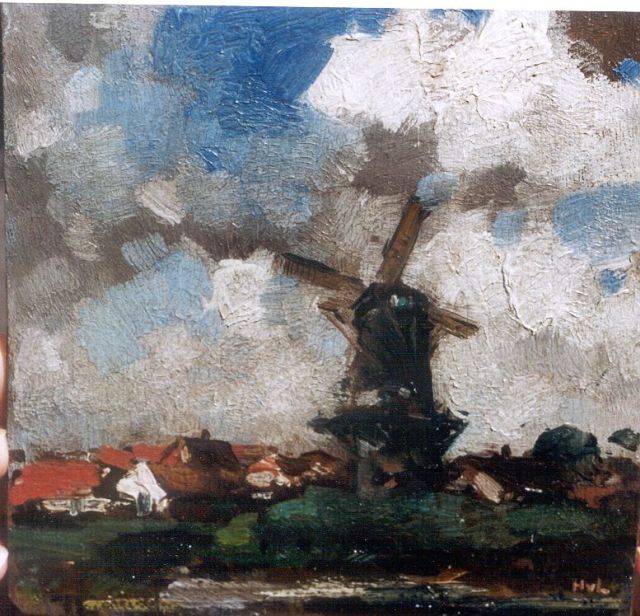 Henk van Leeuwen | Landschap met molen, olieverf op paneel, 14,2 x 14,0 cm, gesigneerd r.o. met initialen