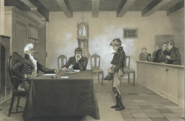 Johan Braakensiek | Bij de rechter, houtskool en aquarel op papier, 25,1 x 37,8 cm, gesigneerd l.o.
