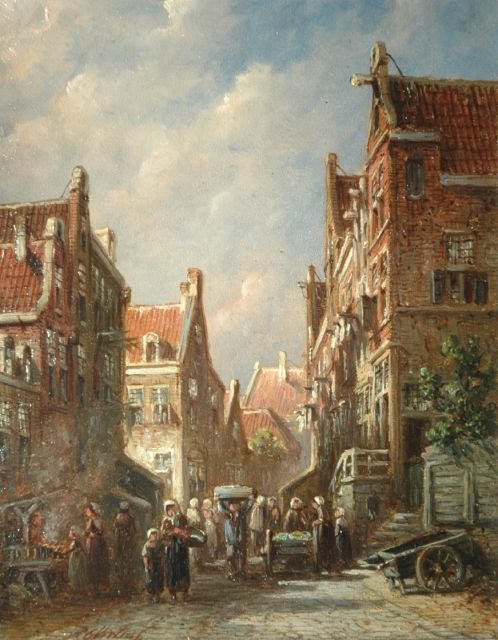 Petrus Gerardus Vertin | Markt in zomers straatje, olieverf op paneel, 19,4 x 14,9 cm, gesigneerd l.o.