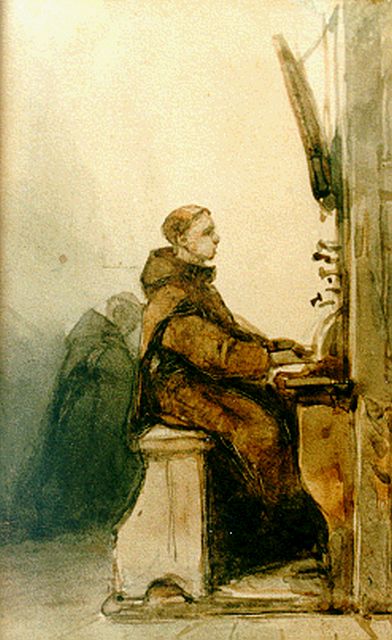 Johannes Bosboom | De organist, aquarel op papier, 13,8 x 8,4 cm, gesigneerd r.o.