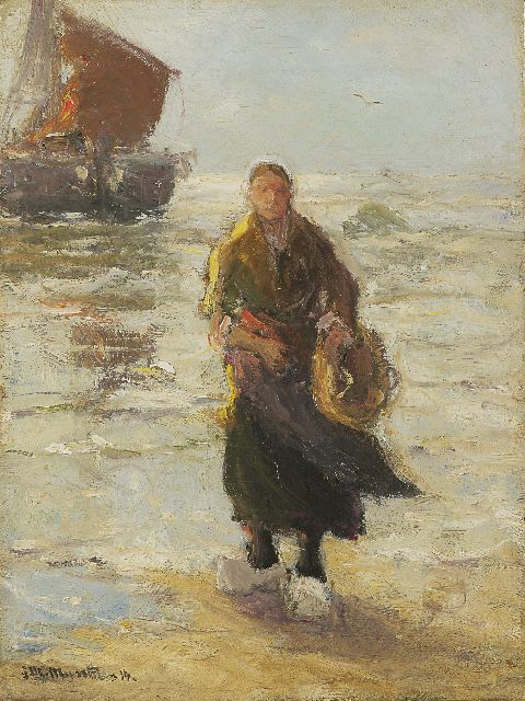 Munthe G.A.L.  | Visverkoopster op het strand van Katwijk, olieverf op doek 40,3 x 30,3 cm, gesigneerd l.o. en gedateerd '14