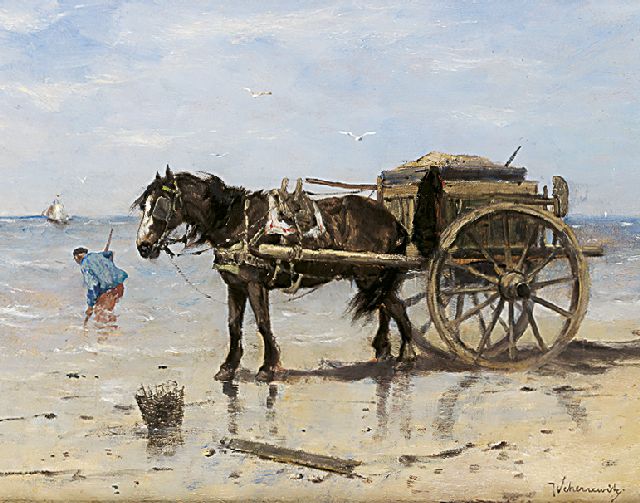Johan Frederik Cornelis Scherrewitz | Schelpenvisser met paardenkar, olieverf op paneel, 32,6 x 41,1 cm, gesigneerd r.o.