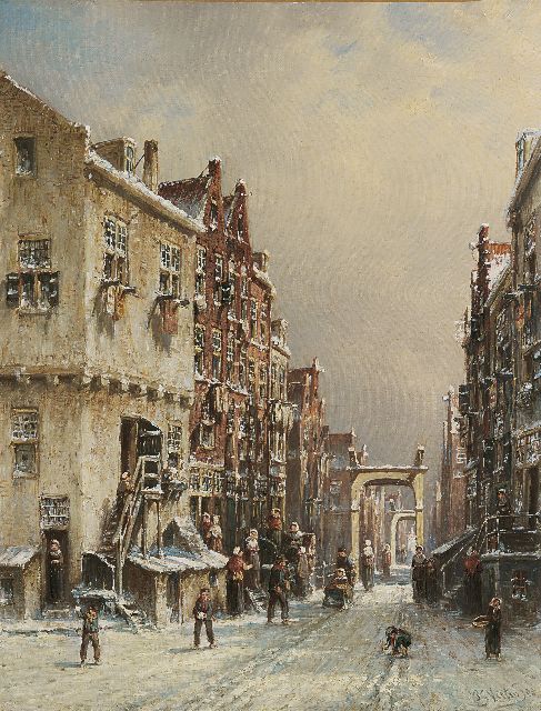 Vertin P.G.  | Drukbevolkt Hollands straatje in de winter, olieverf op doek 45,5 x 35,1 cm, gesigneerd r.o. en gedateerd '88