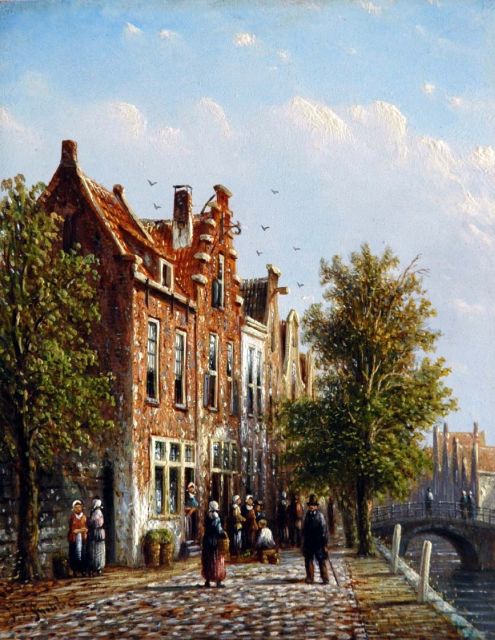 Johannes Franciscus Spohler | Drukbevolkt Hollands straatje langs een gracht, olieverf op paneel, 20,4 x 15,8 cm, gesigneerd l.o.