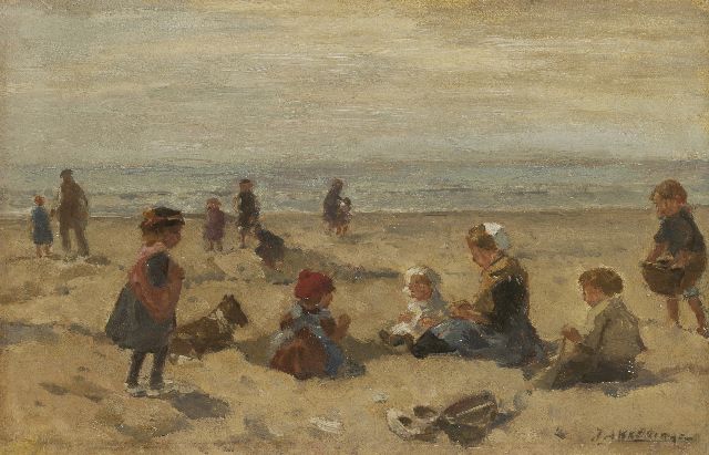 Johannes Evert Akkeringa | Spelende kinderen op het strand, olieverf op paneel, 17,2 x 27,1 cm, gesigneerd r.o.