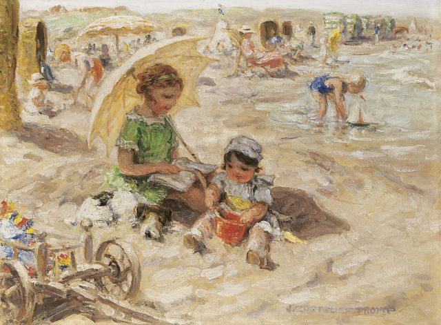Jan Zoetelief Tromp | Een dag op het strand, olieverf op doek, 30,0 x 40,0 cm, gesigneerd r.o. en verso