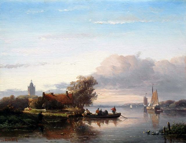 Jan Jacob Spohler | Zomers rivierlandschap met visser en overzetveer, olieverf op paneel, 22,1 x 28,8 cm, gesigneerd l.o.