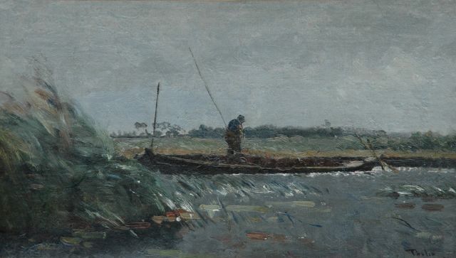 Willem Bastiaan Tholen | Punter op een poldervaart, olieverf op doek, 23,2 x 40,3 cm, gesigneerd r.o.