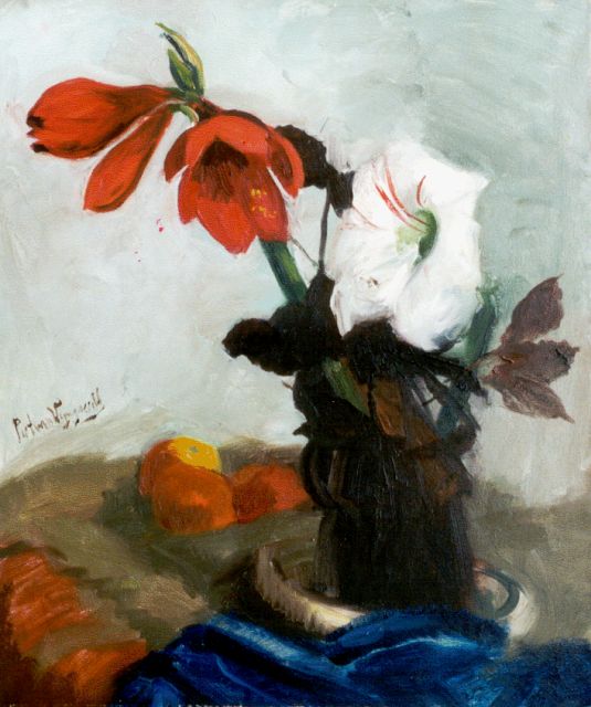 Piet van Wijngaerdt | Rode en witte amaryllis, olieverf op doek, 80,2 x 67,2 cm, gesigneerd l.m.