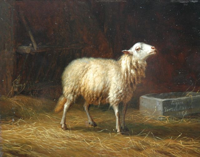 Eugène Joseph Verboeckhoven | In de stal, olieverf op paneel, 11,9 x 15,2 cm, gesigneerd r.o. op voederbak en gedateerd 1858