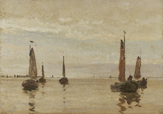 Willem Bastiaan Tholen | Botters in een windstilte, olieverf op doek op paneel, 27,7 x 38,2 cm, gesigneerd l.o. en gedateerd '26