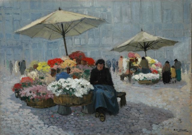 Chris Soer | Bloemenmarkt, olieverf op doek, 50,3 x 70,0 cm, gesigneerd r.o.