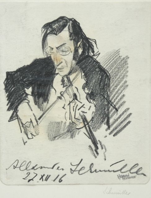 Herman Moerkerk | Portret van de violist Alexander Schmuller, zwart krijt op papier, 12,7 x 15,4 cm, gesigneerd r.o. en gedateerd 27 XII '16